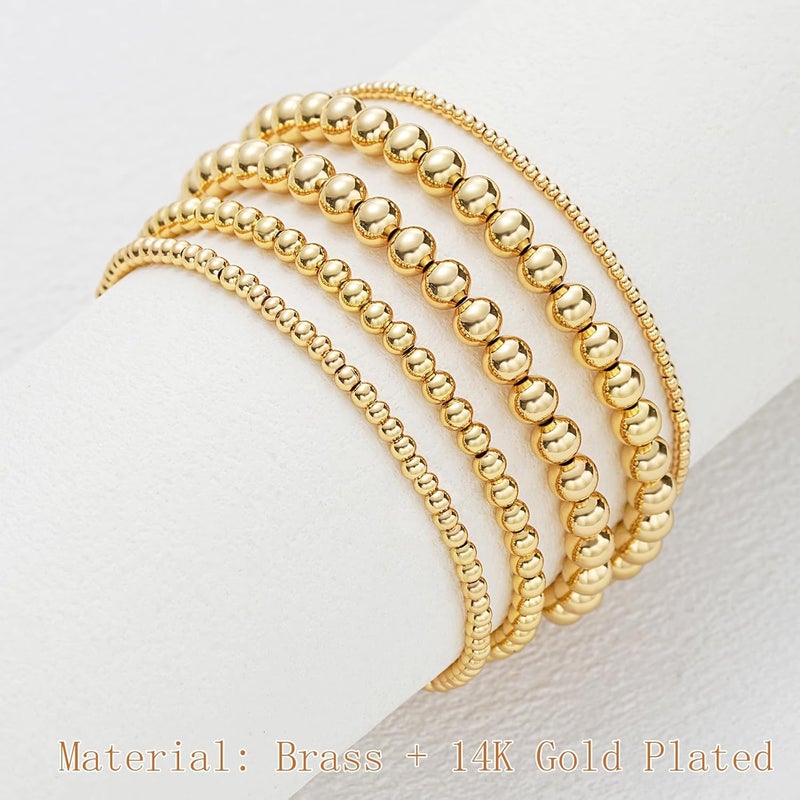 17mile Gold Beaded Bracelets for Women, 5 Pcs Dainty 14K Gold Plated Chunky Stretch Bead Ball Bracelet Stack - Image 5